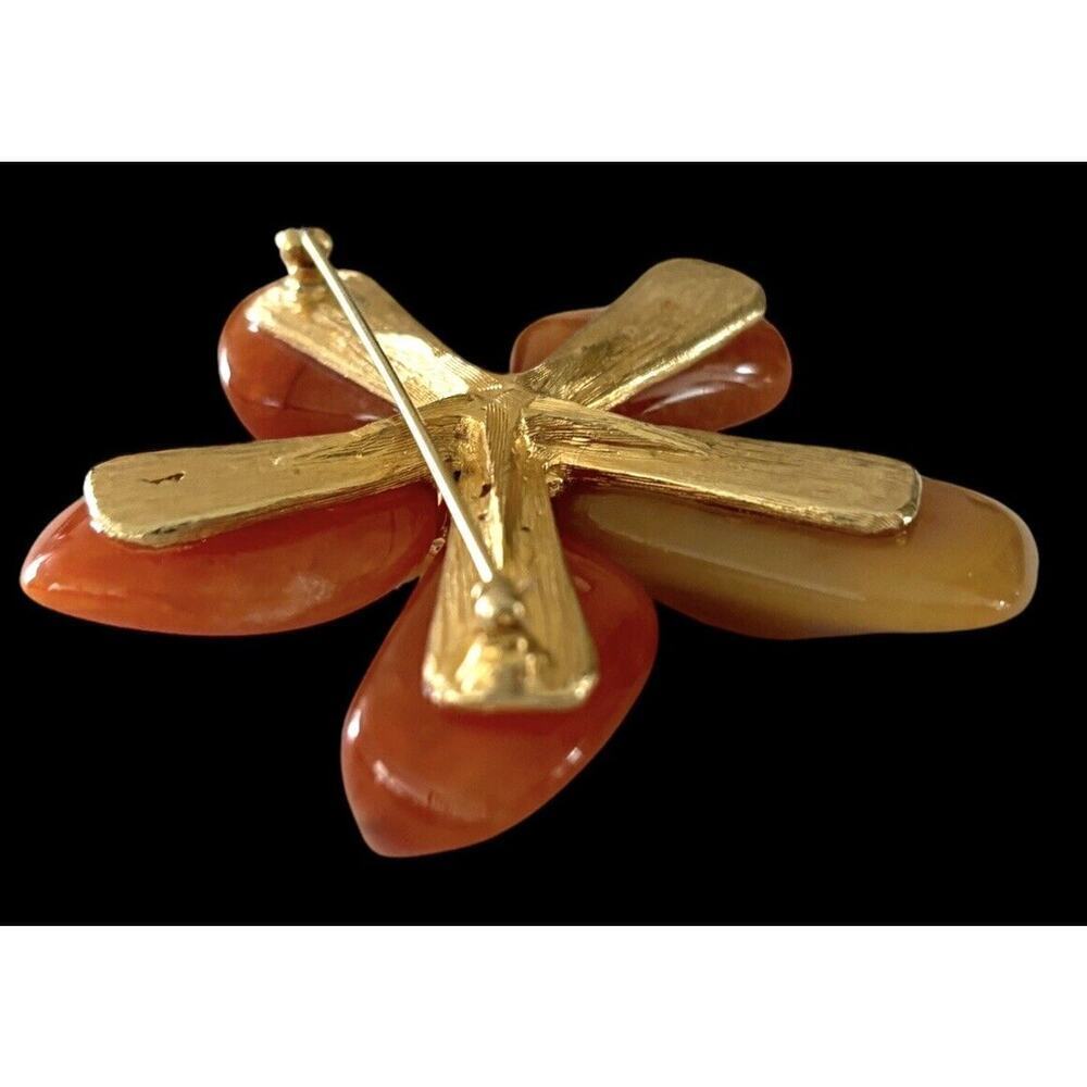 Orange Carnelian Flower Brooch Pin Faux Pearl Center Vintage Jewelry 3” MCM - Picture 5 of 8